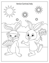 Holiday Celebration with cute rabbits coloring page for kids, Venice carnival