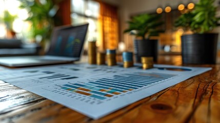 Naklejka na ściany i meble Financial report with charts and graphs on a desk,