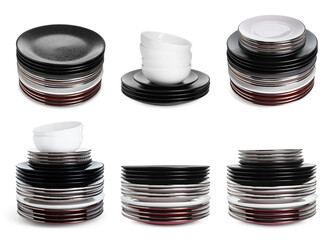 Stacks of ceramic plates and bowls isolated on white, set