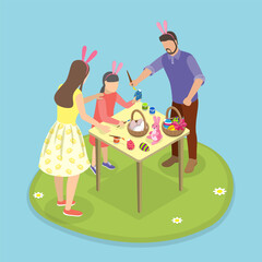 3D Isometric Flat Vector Illustration of Easter Painting Egg, Family Leisure Time