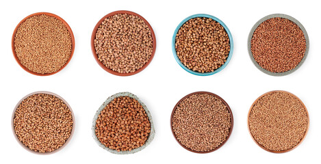 Buckwheat grains in bowls isolated on white, top view