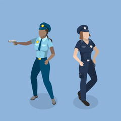 3D Isometric Flat Vector Illustration of Female Police Officer, Policewoman or Guard