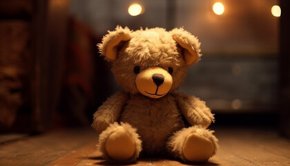 Obraz premium Cute teddy bear sitting on soft flooring, bringing joy and love generated by AI