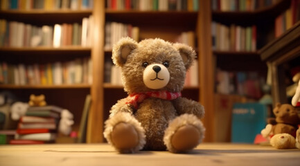 Toy teddy bear sitting on bookshelf, surrounded by childhood memories generated by AI
