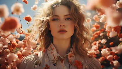 Young woman with blond hair smiling in nature generated by AI