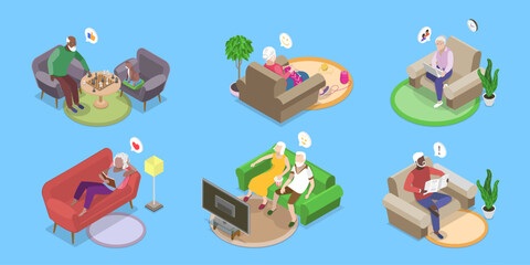 3D Isometric Flat Vector Illustration of Senior People Rest At Home, Retiree Lifestyle
