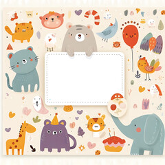 template border of Cartoon Animal Icons with Funny  for Kids' Wallpaper and Design