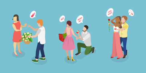 3D Isometric Flat Vector Illustration of Marriage Proposal Rejection, Wedding Refusal