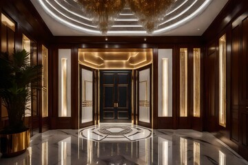 The entryway to a luxury penthouse, showcasing a grand entrance door, marble flooring, and a custom-designed statement light fixture