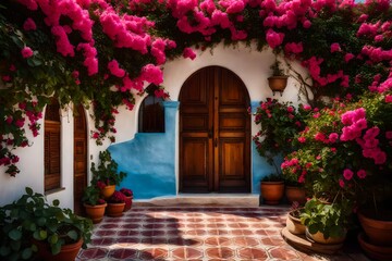 Fototapeta na wymiar A quaint Mediterranean entryway with a vibrant bougainvillea-covered arch, patterned tiles, and a wooden bench for a touch of authenticity