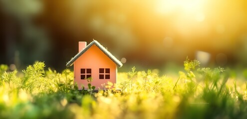 Illustration of a house in a photo on grass with a green background with a blur effect. generative AI
