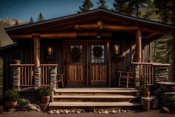 Fototapeta na wymiar A cabin retreat's grand entry, showcasing a weathered timber door, fieldstone walls, and a front porch with Adirondack chairs