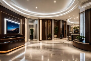 A cutting-edge foyer design incorporating smart home technology, LED lighting, and futuristic furniture for a seamless modern aesthetic