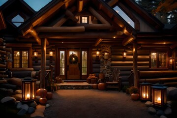 A lodge-inspired grand entryway with a log cabin door, river rock accents, and an antique lantern...