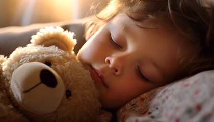 A cute child sleeping with a teddy bear, pure innocence generated by AI