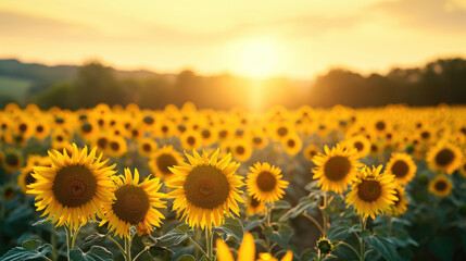 Stunning panorama of sunflower fields bathed in the warm glow of the setting sun