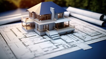 An illustration of a house on top of an architectural plan sketch. generative AI