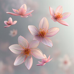 3D pink flowers with five pink petals and yellow center falling with different angles  - obrazy, fototapety, plakaty