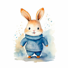 Bonita ilustración en acuarela de un conejito con ropa azul