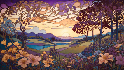 An Art Nouveau inspired landscape at dusk The scene is lush