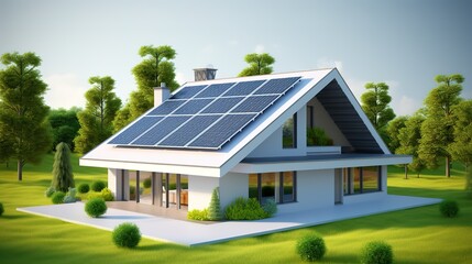 An illustration of the concept of renewable energy. Solar panels on top of the house with a modern minimalist concept. generative AI