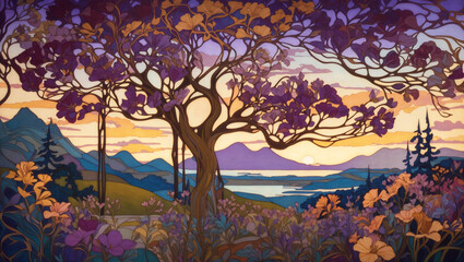 An Art Nouveau inspired landscape at dusk The scene is lush