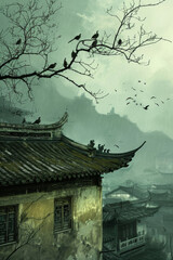 Chinese house with birds and tree branch on the roof miscellaneous illustrations.