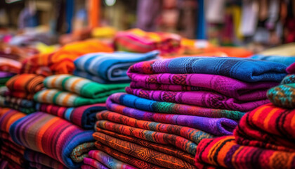 Multi colored textiles stacked in a store, showcasing the textile industry generated by AI - obrazy, fototapety, plakaty