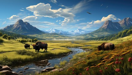 Buffaloes in a grassland