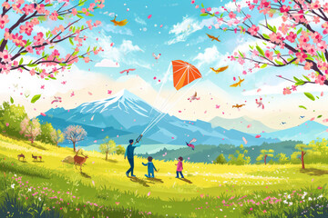Wide panoramic of spring banner.Family outing to the park or picnic in countryside with kite.