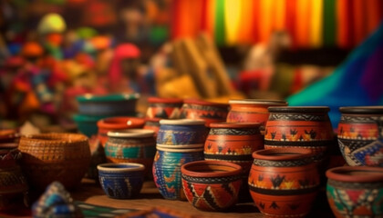 Fototapeta na wymiar Multi colored pottery decoration, craft souvenir, indigenous culture, earthenware bowl, terracotta vase generated by AI