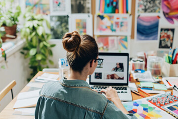 A young woman working on her laptop at home.