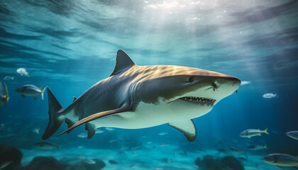 Fototapeta premium Majestic underwater creature swimming in the deep blue sea generated by AI