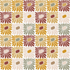 Obraz premium Groovy floral seamless tile in Matisse vibes. Trendy Naive Floral Vector Background in 1970s. Art deco pattern. Can be used for Print on fabric, wrapping paper, wallpaper.