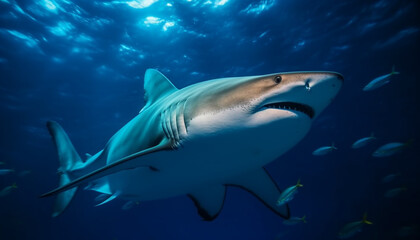 Fototapeta premium Majestic fish swimming in deep blue water, sharp teeth exposed generated by AI