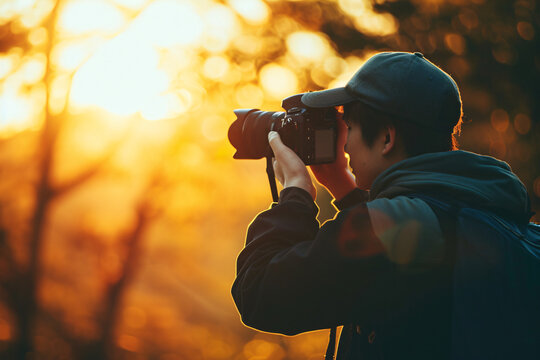 A young man taking nature photos at sunset. Travel photography.