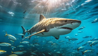 Fototapeta premium Majestic underwater adventure swimming with giant fish in tropical seas generated by AI