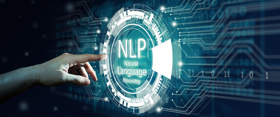 Hand of Businessman touching hologram screen with world map background. NLP Natural Language...