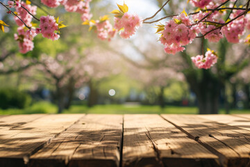 Naklejka na ściany i meble Empty wooden table in Sakura flower Park with garden bokeh background with a country outdoor theme Template mock up for display of product