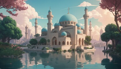 Naklejka premium mosque at sunset or illustration of an icon, set of icons for design mosque, mosque Islamic Ramadhan, elements mosque muslim 
