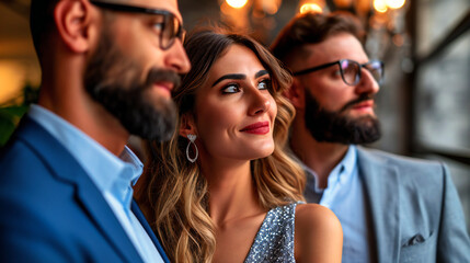 Fototapeta premium Stylish Group of Young Adults at Party, Elegantly Dressed Men and Women Posing, Fashionable Friends Enjoying Glamorous Lifestyle, Celebrity Gathering Outdoors