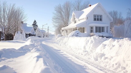 A residential street scene covered in snow due to heavy snowfall. Generative AI