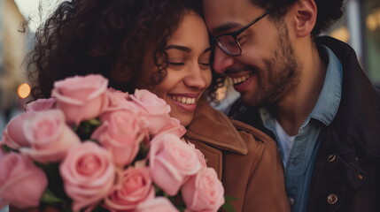 A happy man and woman couple holding a bouquet of pink color roses. Close up. Generative AI