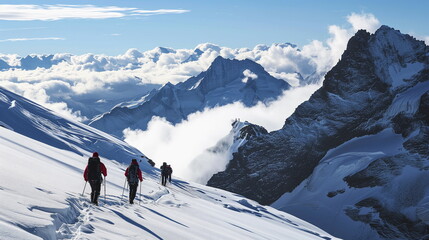 Fototapeta na wymiar A group of mountaineers climbing a winter mountain. snowy alpine landscape. Generative AI