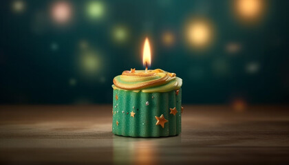 Glowing candle illuminates celebration, burning bright on dessert table generated by AI