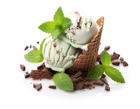 Vanilla ice cream with chocolate flakes sprinkled and green mint leaves decorated in the photo on a white background