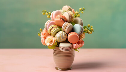 Macaroon dessert in pink vase, food with multi colored close up cookie generated by AI