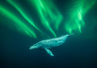 Dolphin Swimming Under Aurora Borealis Green Lights