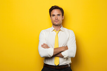 Fototapeta premium Portrait of confident businessman wearing shirt with arms crossed standing on yellow background
