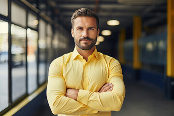 Portrait of confident businessman wearing shirt with arms crossed standing on yellow background